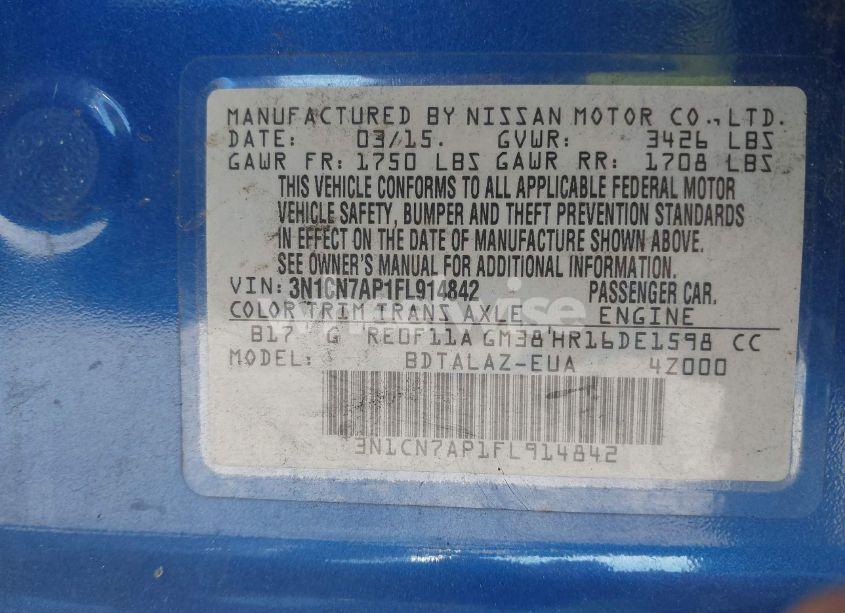 Photo 9 of 2015 Nissan Versa 1.6 S+ (VIN 3N1CN7AP1FL914842)