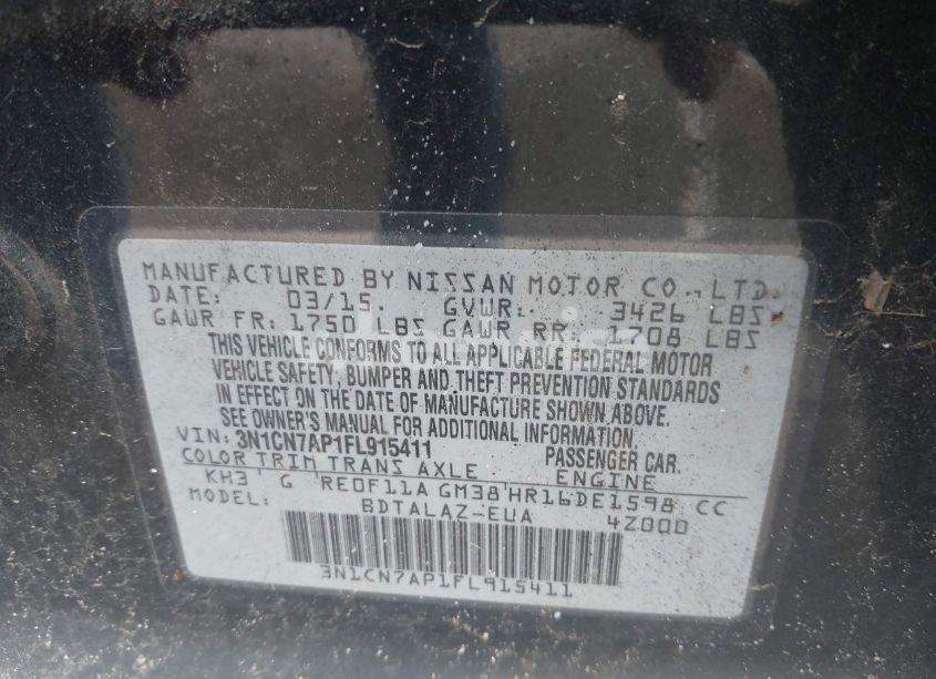 Photo 9 of 2015 Nissan Versa 1.6 S+ (VIN 3N1CN7AP1FL915411)
