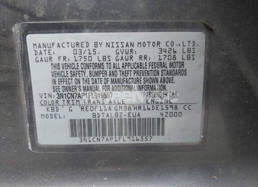 Photo 9 of 2015 Nissan Versa 1.6 SV (VIN 3N1CN7AP1FL916557)