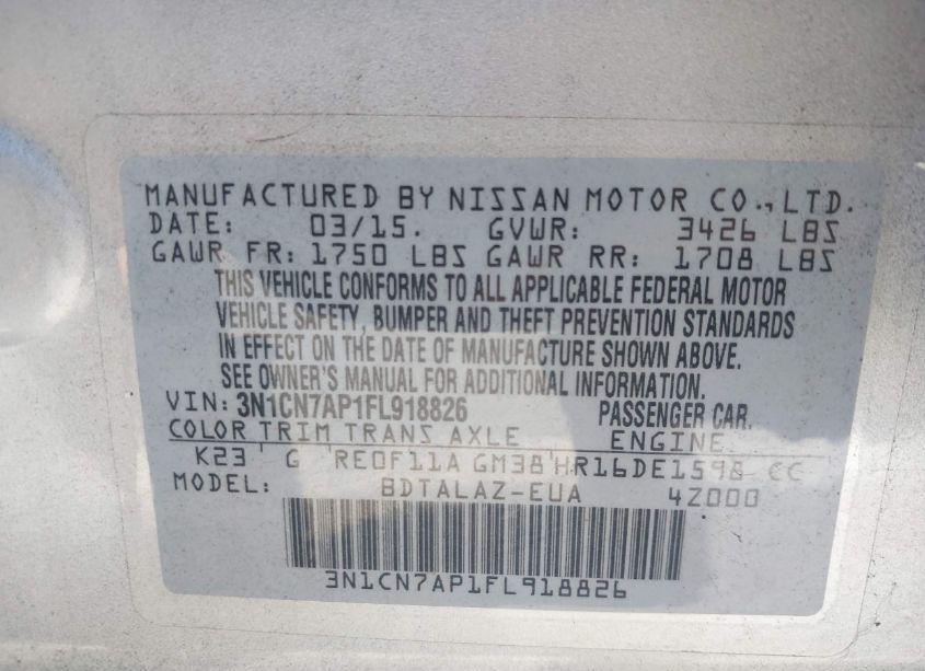 Photo 9 of 2015 Nissan Versa 1.6 S+ (VIN 3N1CN7AP1FL918826)