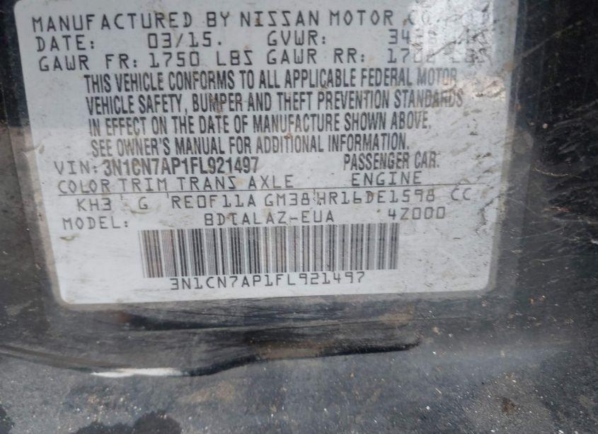 Photo 9 of 2015 Nissan Versa 1.6 S+ (VIN 3N1CN7AP1FL921497)