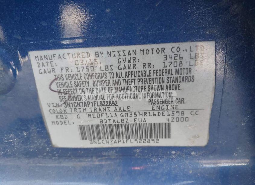 Photo 9 of 2015 Nissan Versa 1.6 SV (VIN 3N1CN7AP1FL922892)