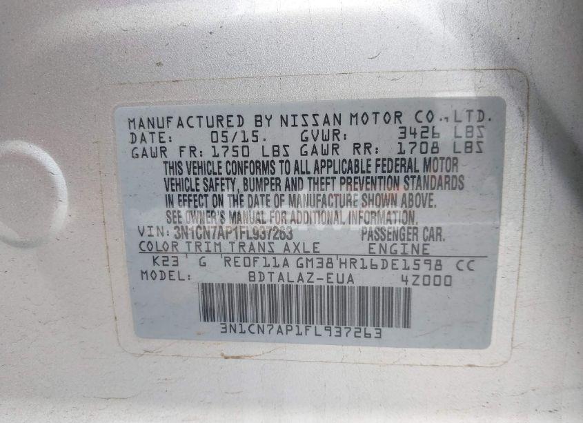 Photo 9 of 2015 Nissan Versa 1.6 S+ (VIN 3N1CN7AP1FL937263)