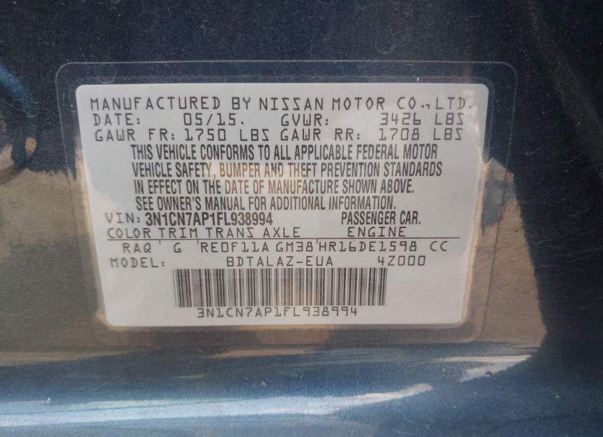 Photo 9 of 2015 Nissan Versa 1.6 S+ (VIN 3N1CN7AP1FL938994)