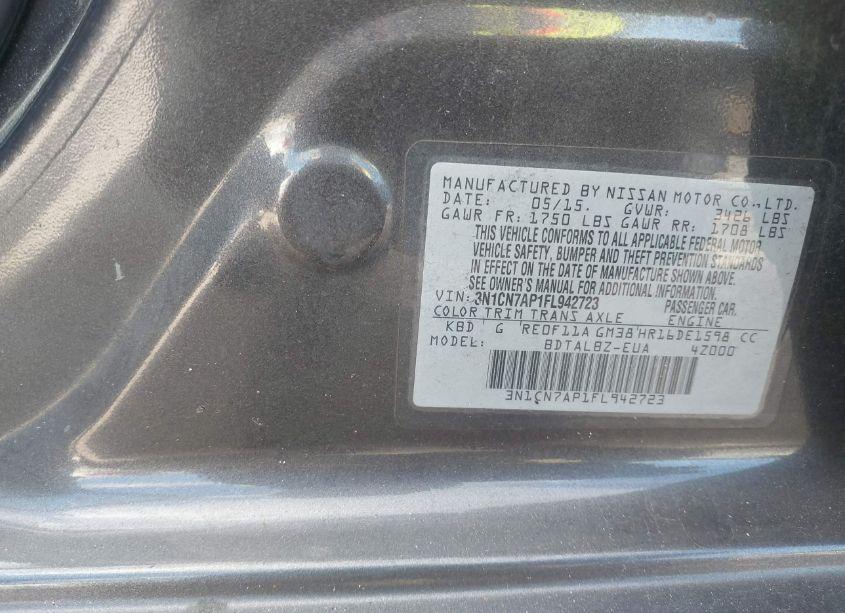 Photo 9 of 2015 Nissan Versa 1.6 SV (VIN 3N1CN7AP1FL942723)