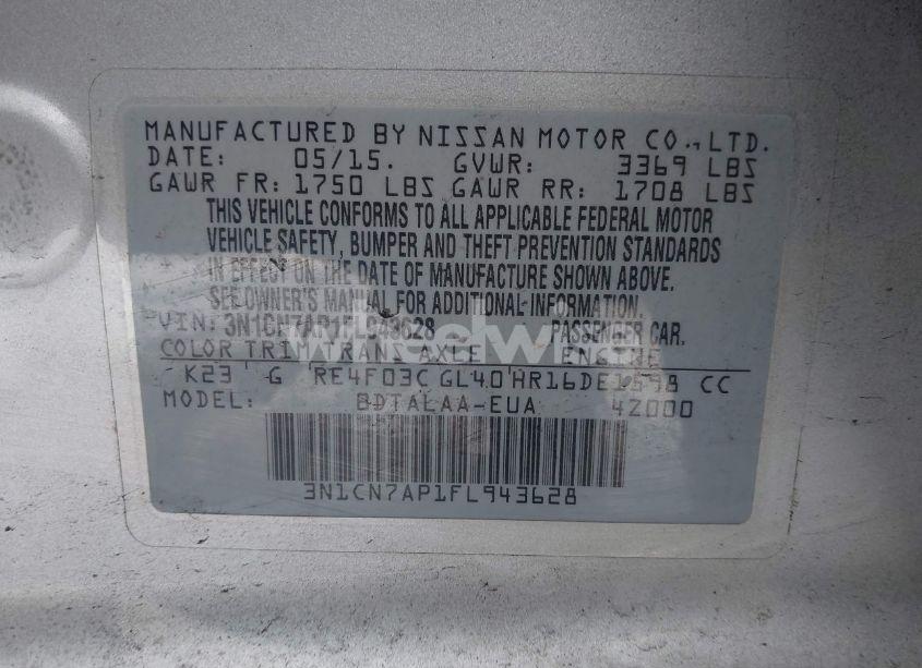 Photo 9 of 2015 Nissan Versa 1.6 S (VIN 3N1CN7AP1FL943628)