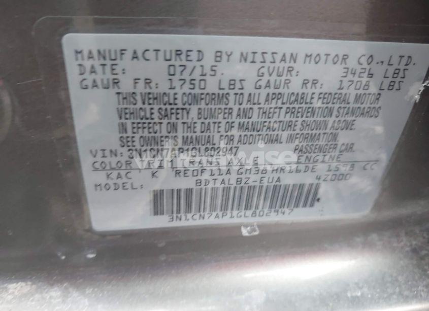 Photo 9 of 2016 Nissan Versa 1.6 S/1.6 S+/1.6 SL/1.6 SV (VIN 3N1CN7AP1GL802947)