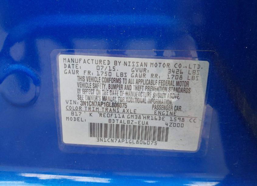 Photo 9 of 2016 Nissan Versa 1.6 SV (VIN 3N1CN7AP1GL806075)