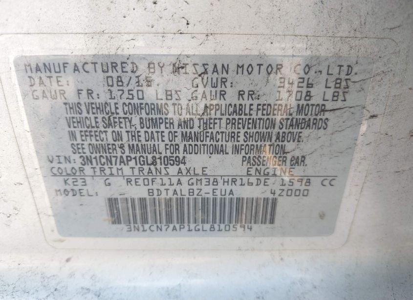 Photo 9 of 2016 Nissan Versa 1.6 S/1.6 S+/1.6 SL/1.6 SV (VIN 3N1CN7AP1GL810594)