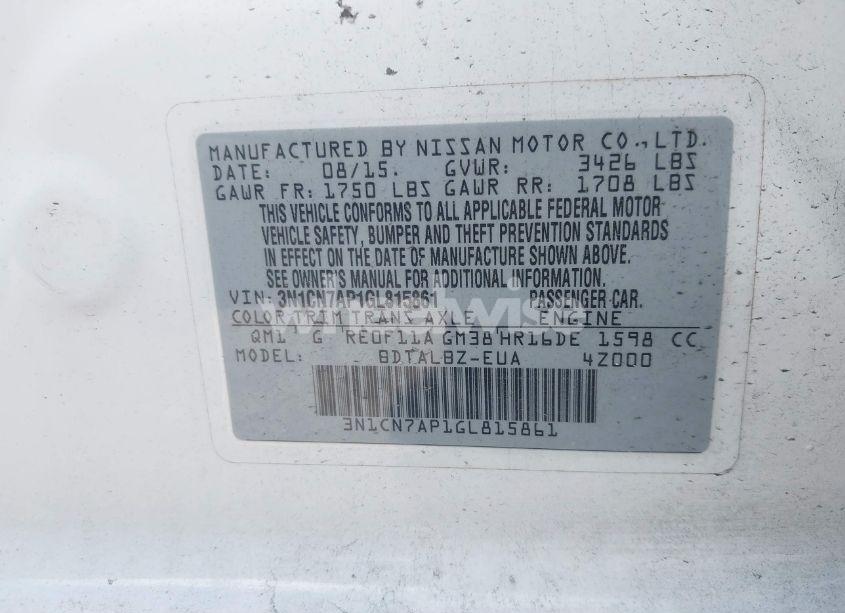 Photo 9 of 2016 Nissan Versa 1.6 S/1.6 S+/1.6 SL/1.6 SV (VIN 3N1CN7AP1GL815861)