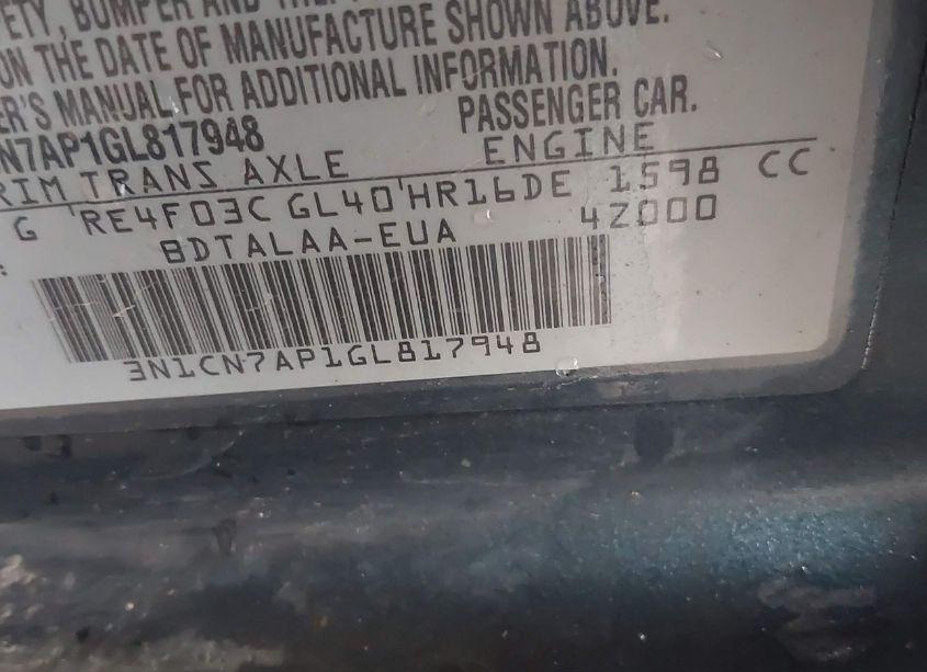 Photo 9 of 2016 Nissan Versa 1.6 S (VIN 3N1CN7AP1GL817948)