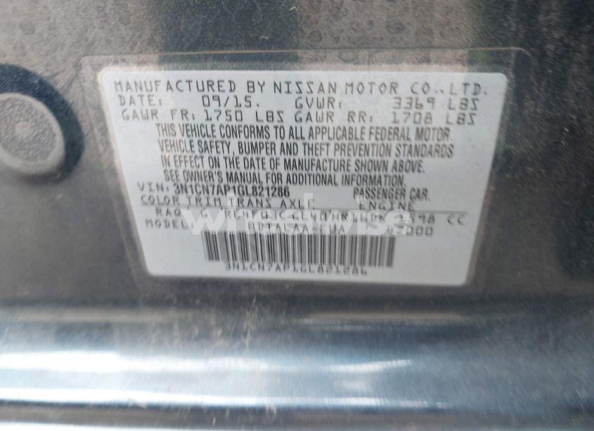 Photo 9 of 2016 Nissan Versa 1.6 S (VIN 3N1CN7AP1GL821286)