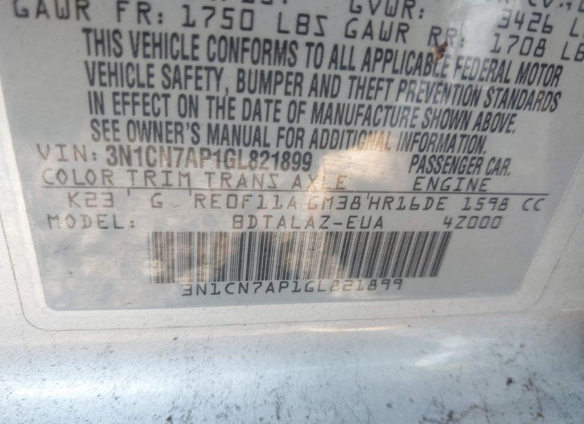 Photo 9 of 2016 Nissan Versa 1.6 S+ (VIN 3N1CN7AP1GL821899)