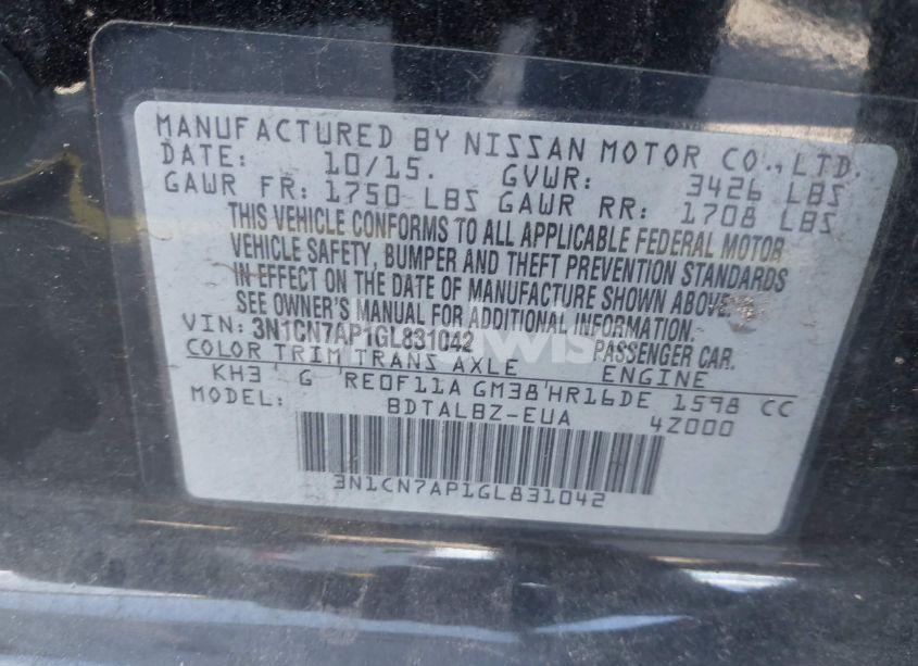 Photo 9 of 2016 Nissan Versa 1.6 S/1.6 S+/1.6 SL/1.6 SV (VIN 3N1CN7AP1GL831042)