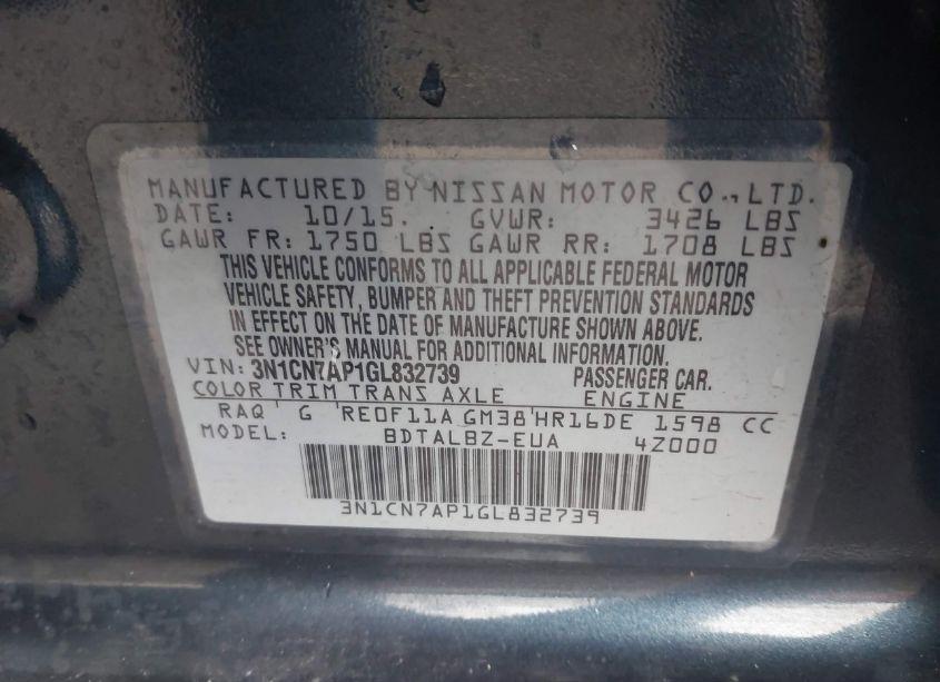 Photo 9 of 2016 Nissan Versa 1.6 SV (VIN 3N1CN7AP1GL832739)