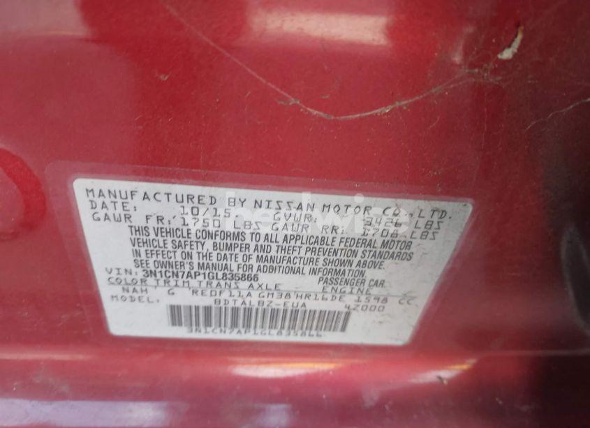 Photo 9 of 2016 Nissan Versa 1.6 S/1.6 S+/1.6 SL/1.6 SV (VIN 3N1CN7AP1GL835866)