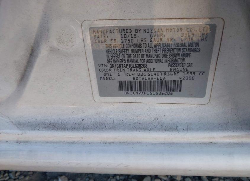 Photo 9 of 2016 Nissan Versa 1.6 S (VIN 3N1CN7AP1GL836208)