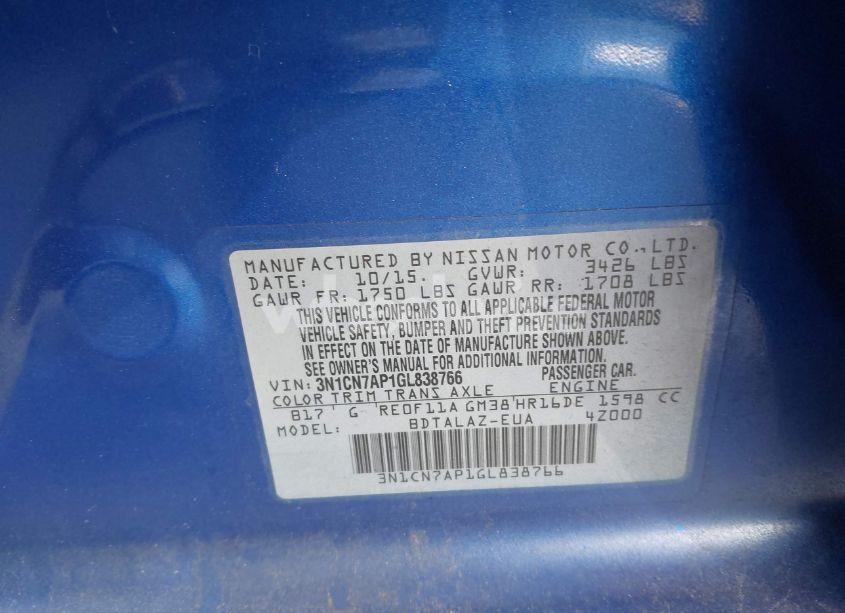 Photo 9 of 2016 Nissan Versa 1.6 S+ (VIN 3N1CN7AP1GL838766)