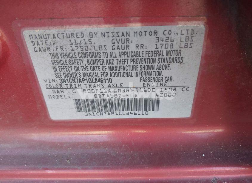 Photo 9 of 2016 Nissan Versa 1.6 SV (VIN 3N1CN7AP1GL846110)