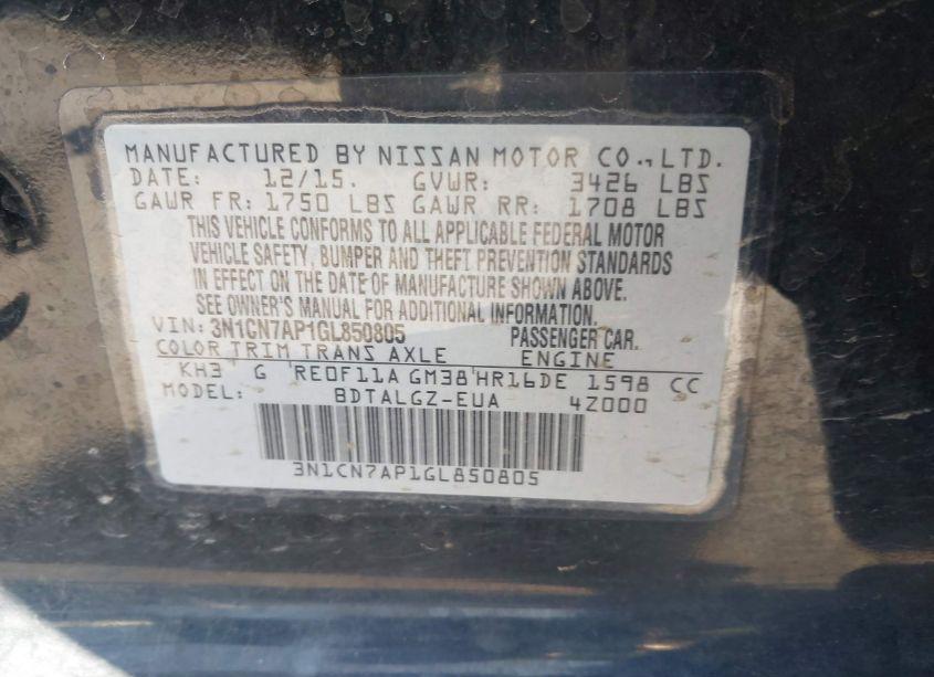 Photo 9 of 2016 Nissan Versa 1.6 SL (VIN 3N1CN7AP1GL850805)