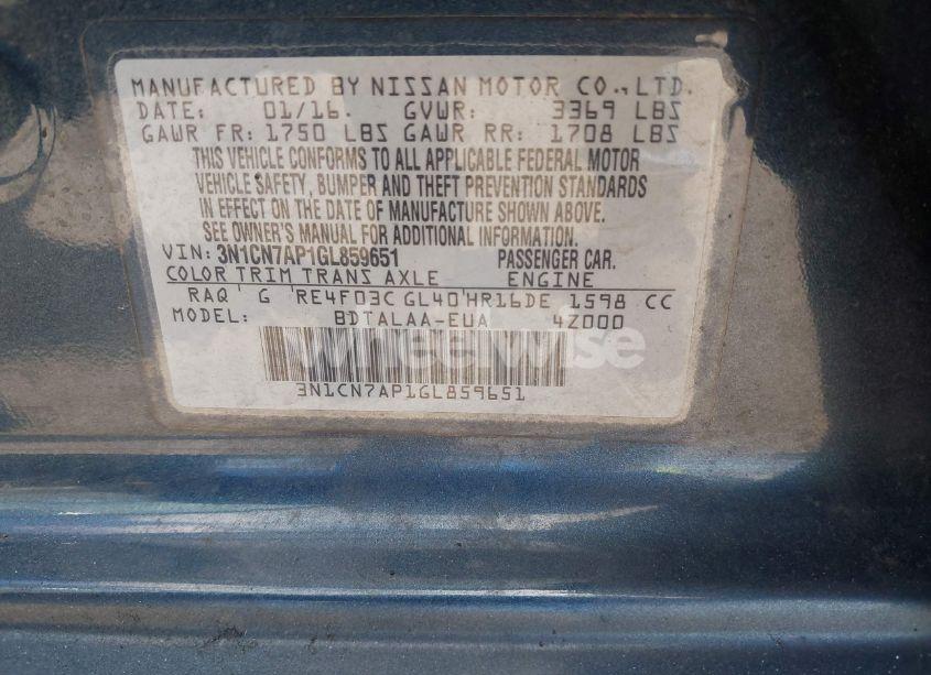 Photo 9 of 2016 Nissan Versa 1.6 S (VIN 3N1CN7AP1GL859651)