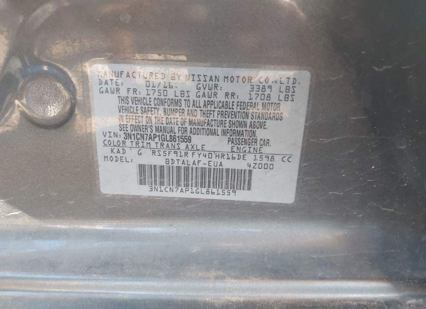 Photo 9 of 2016 Nissan Versa 1.6 S (VIN 3N1CN7AP1GL861559)