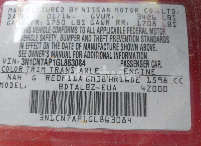 Photo 9 of 2016 Nissan Versa 1.6 S/1.6 S+/1.6 SL/1.6 SV (VIN 3N1CN7AP1GL863084)