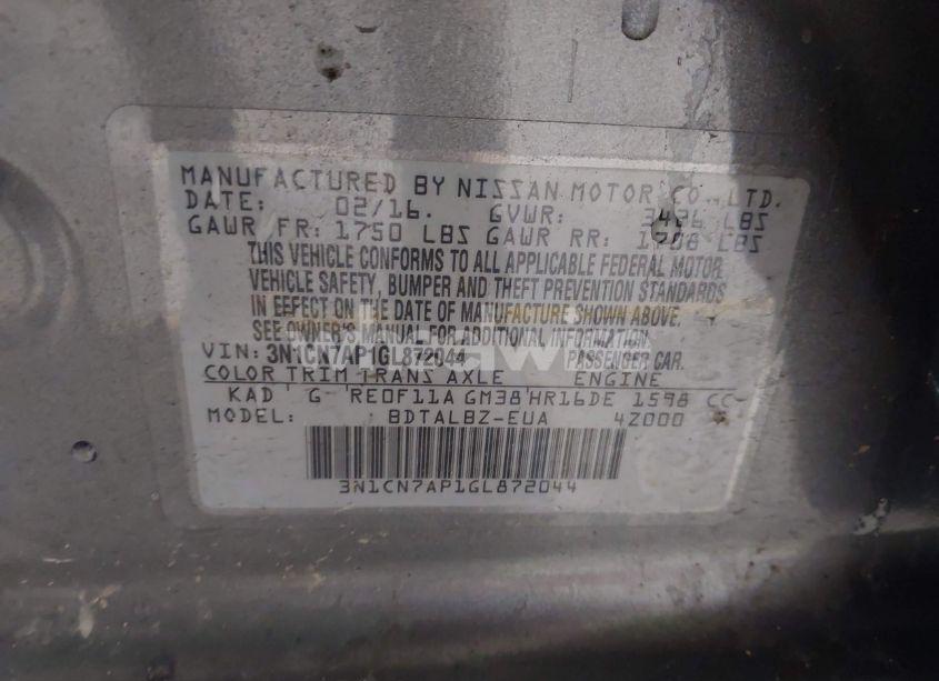 Photo 9 of 2016 Nissan Versa 1.6 SV (VIN 3N1CN7AP1GL872044)