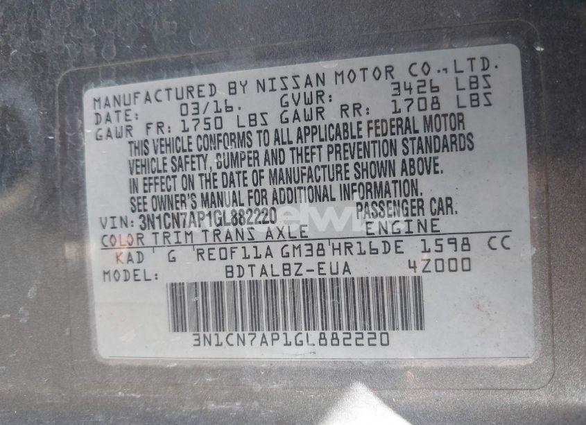 Photo 9 of 2016 Nissan Versa 1.6 SV (VIN 3N1CN7AP1GL882220)