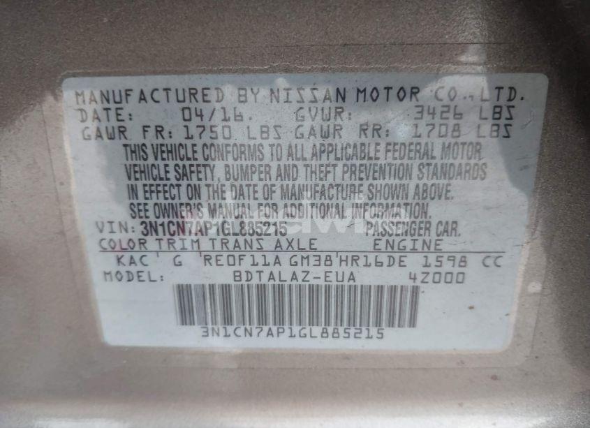 Photo 9 of 2016 Nissan Versa 1.6 S+ (VIN 3N1CN7AP1GL885215)