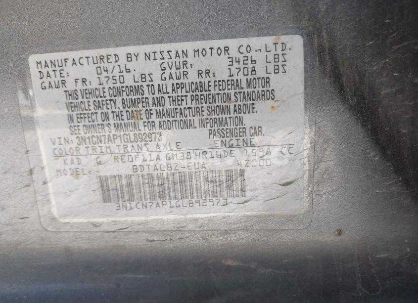 Photo 9 of 2016 Nissan Versa 1.6 SV (VIN 3N1CN7AP1GL892973)