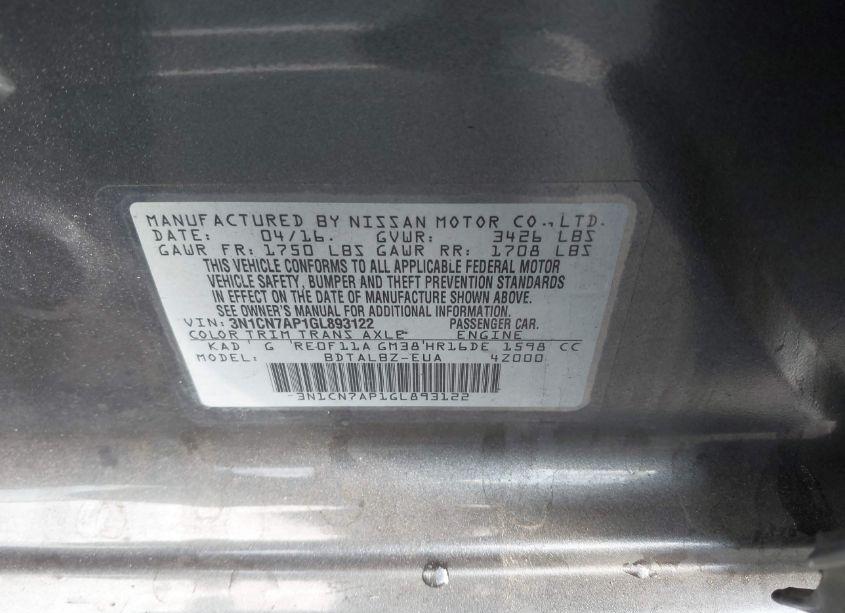 Photo 9 of 2016 Nissan Versa 1.6 SV (VIN 3N1CN7AP1GL893122)