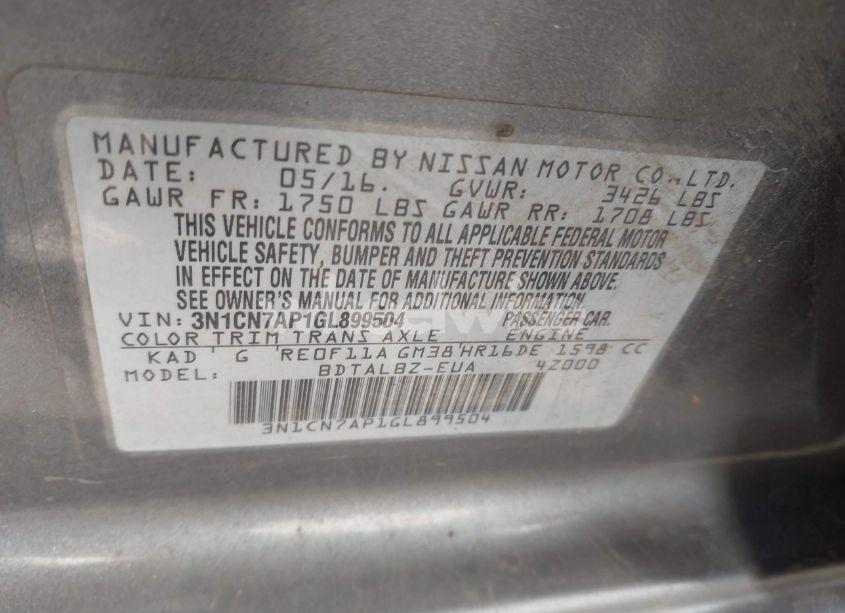 Photo 9 of 2016 Nissan Versa 1.6 SV (VIN 3N1CN7AP1GL899504)