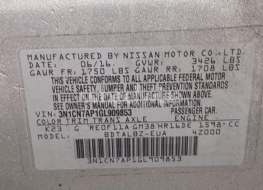 Photo 9 of 2016 Nissan Versa 1.6 SV (VIN 3N1CN7AP1GL909853)