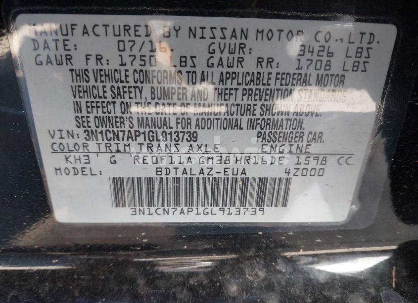 Photo 9 of 2016 Nissan Versa 1.6 S+ (VIN 3N1CN7AP1GL913739)