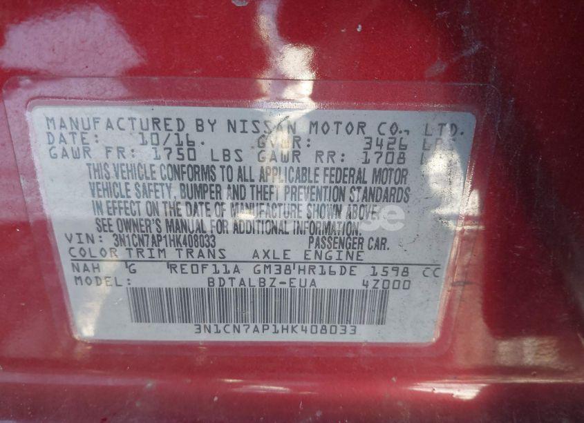 Photo 9 of 2017 Nissan Versa 1.6 S/1.6 S+/1.6 SL/1.6 SV (VIN 3N1CN7AP1HK408033)