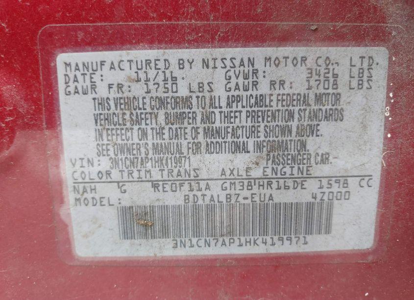 Photo 9 of 2017 Nissan Versa 1.6 SV (VIN 3N1CN7AP1HK419971)