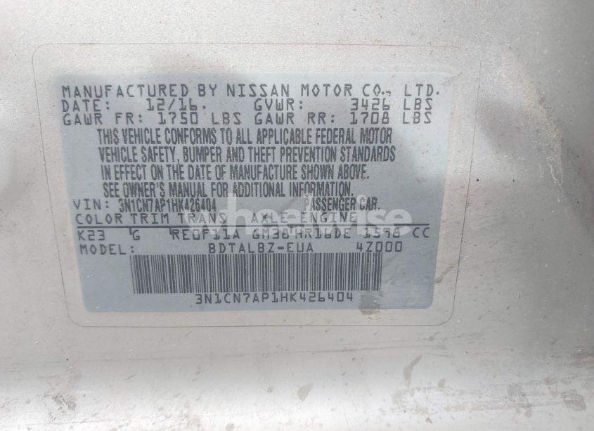 Photo 9 of 2017 Nissan Versa 1.6 SV (VIN 3N1CN7AP1HK426404)