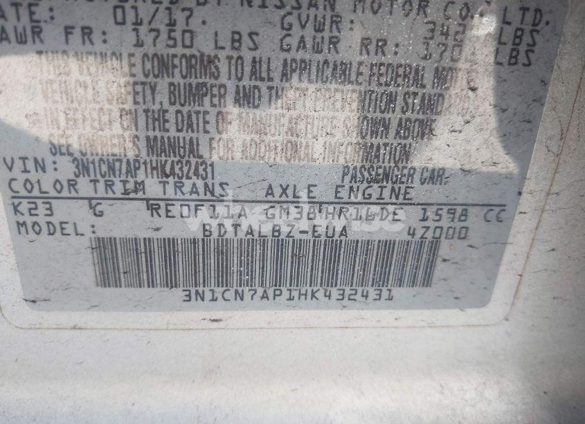 Photo 9 of 2017 Nissan Versa 1.6 SV (VIN 3N1CN7AP1HK432431)