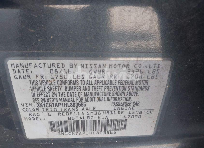 Photo 9 of 2017 Nissan Versa 1.6 S/1.6 S+/1.6 SL/1.6 SV (VIN 3N1CN7AP1HL803565)