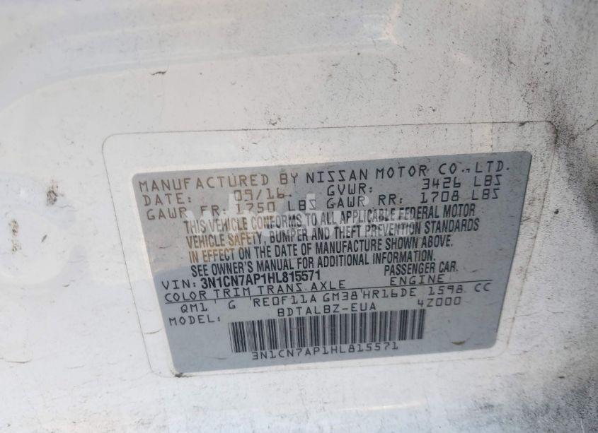 Photo 9 of 2017 Nissan Versa 1.6 S/1.6 S+/1.6 SL/1.6 SV (VIN 3N1CN7AP1HL815571)