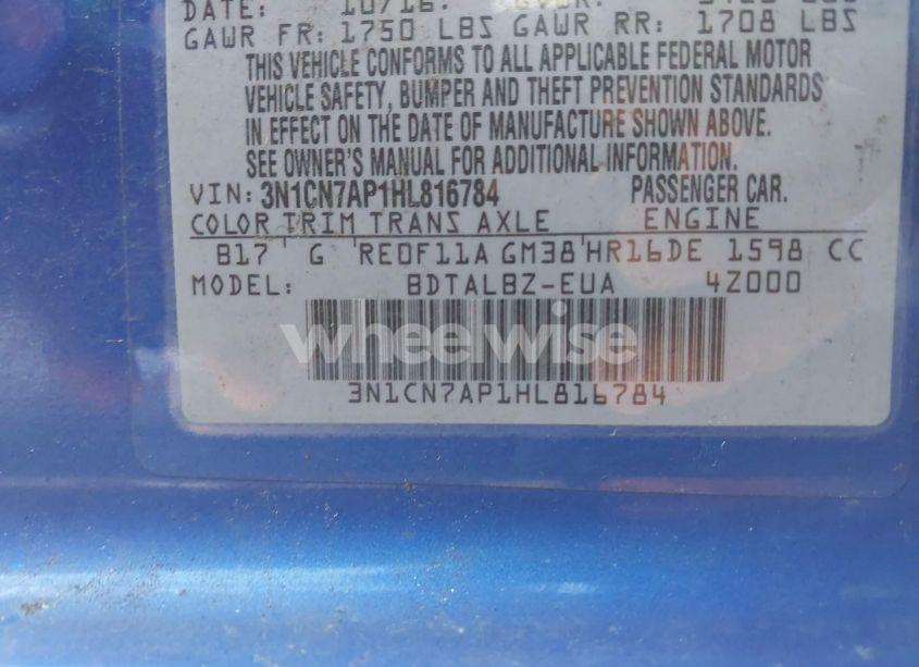 Photo 9 of 2017 Nissan Versa 1.6 SV (VIN 3N1CN7AP1HL816784)