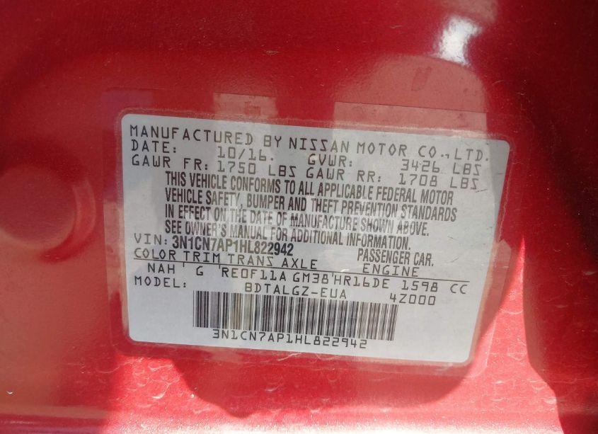 Photo 9 of 2017 Nissan Versa 1.6 SL (VIN 3N1CN7AP1HL822942)