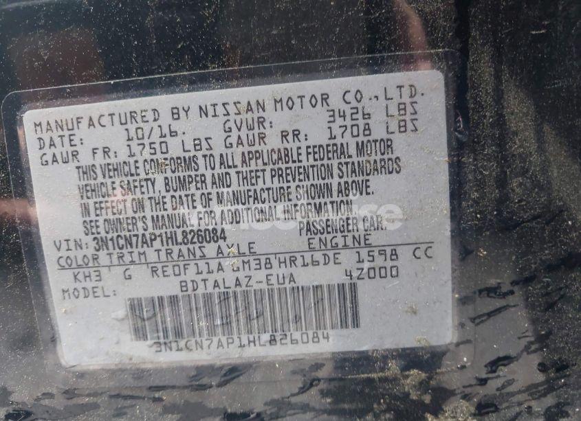 Photo 9 of 2017 Nissan Versa 1.6 S+ (VIN 3N1CN7AP1HL826084)