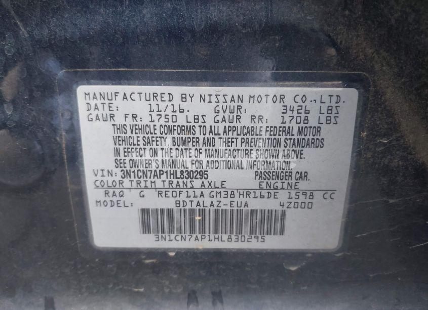 Photo 9 of 2017 Nissan Versa 1.6 S+ (VIN 3N1CN7AP1HL830295)