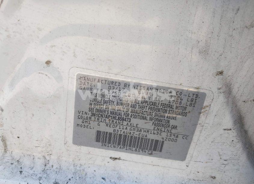 Photo 9 of 2017 Nissan Versa 1.6 S+ (VIN 3N1CN7AP1HL859473)