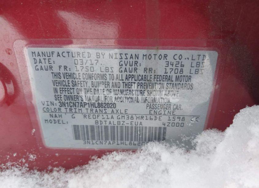 Photo 9 of 2017 Nissan Versa 1.6 SV (VIN 3N1CN7AP1HL862020)