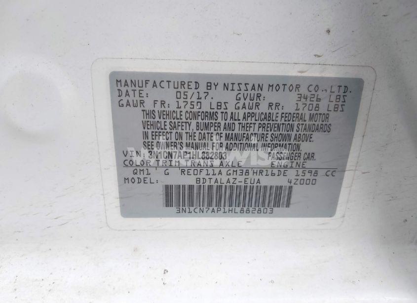 Photo 9 of 2017 Nissan Versa 1.6 S+ (VIN 3N1CN7AP1HL882803)