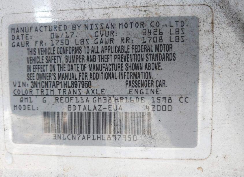 Photo 9 of 2017 Nissan Versa 1.6 S+ (VIN 3N1CN7AP1HL897950)