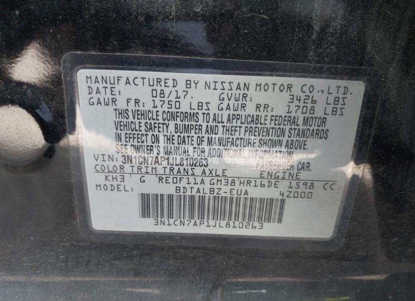 Photo 9 of 2018 Nissan Versa 1.6 SV (VIN 3N1CN7AP1JL810263)